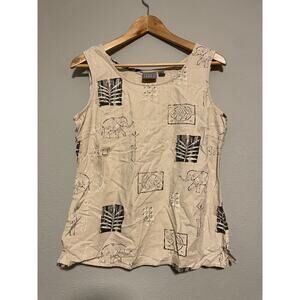 Vintage Women Top Size 12 Beige Linen Blend Abstract Print Lagenlook Granola 90s